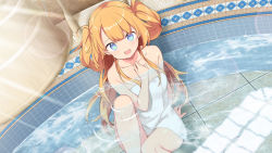 Rule 34 | 1girl, :d, arm behind back, artist request, artwhirl mahou gakuen no otome-tachi, bare arms, bath, bathing, blonde hair, blue eyes, blunt bangs, breasts, collarbone, game cg, kiya machi, lens flare, long hair, looking at viewer, medium breasts, naked towel, open mouth, partially submerged, pauly (artwhirl), sitting, smile, solo, sunlight, towel, twintails, very long hair