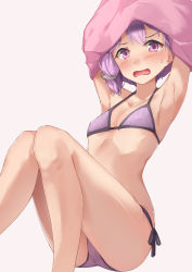 Rule 34 | 1girl, armpits, arms up, bare legs, bikini, blush, collarbone, commentary request, feet out of frame, flat chest, highres, kanzen bouon, knees together feet apart, knees up, looking at viewer, nose blush, open mouth, pink shirt, purple bikini, purple eyes, purple hair, purple ribbon, ribbon, shirt, short hair, side-tie bikini bottom, sitting, solo, sweat, swimsuit, undressing, v-shaped eyebrows, voiceroid, yuzuki yukari