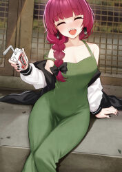 Rule 34 | 1girl, ^ ^, absurdres, alcohol, alcohol carton, black nails, blunt bangs, blush, bocchi the rock!, bow, braid, braided ponytail, breasts, cleavage, closed eyes, dress, earrings, fence, green dress, hair bow, hair over shoulder, highres, hiroi kikuri, holding carton, jacket, jewelry, medium breasts, nail polish, nassss, off shoulder, open mouth, red hair, sake, sharp teeth, sitting, smile, solo, strap slip, taut clothes, taut dress, teeth, upper teeth only, wide hips