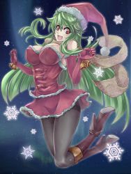 Rule 34 | 1girl, black pantyhose, blue background, boots, breasts, christmas, dress, dtcy, full body, gloves, green hair, hat, high heel boots, high heels, knee boots, large breasts, long hair, original, pantyhose, red dress, red eyes, red gloves, red skirt, santa costume, santa hat, scarf, skirt, smile, snowflakes