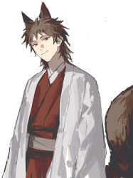 Rule 34 | 1boy, absurdres, alternate costume, animal ears, brown hair, closed mouth, coat, fox boy, fox ears, fox tail, grey sash, harada minoru, highres, iuew, japanese clothes, kemonomimi mode, kimono, long sleeves, male focus, obi, open clothes, open coat, red eyes, red kimono, saibou shinkyoku, sash, short hair, simple background, smile, solo, tail, upper body, white background, white coat