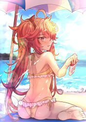 Rule 34 | 1girl, ahoge, ass, back, bad anatomy, bare shoulders, barefoot, beach, bikini, blush, breasts, butt crack, commentary request, day, fate/grand order, fate (series), frilled bikini, frills, from behind, hair ornament, highres, long hair, lotion, ocean, open mouth, outdoors, red eyes, red hair, sand, satoimo (3311 mi), sita (fate), smile, sun, sunscreen, swimsuit, twintails, umbrella, very long hair, water