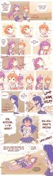 Rule 34 | 10s, 3girls, :o, absurdres, ahoge, blue eyes, blue hair, blue skirt, blush stickers, comic, costume request, dress, eating, english text, food, food on face, friedbun, fruit, full body, glint, highres, holding, holding knife, hoshizora rin, ice, ice cube, kitchen knife, kneehighs, knife, left-to-right manga, lily white (love live!), long hair, love live!, love live! school idol festival, love live! school idol project, low twintails, lying, multiple girls, musical note, on back, open mouth, orange hair, purple hair, quaver, sailor dress, seed, short hair, skirt, socks, sonoda umi, spitting, stitched, suspenders, talking, tea, thighhighs, third-party edit, tojo nozomi, tray, twintails, upper body, watermelon, watermelon seeds, zettai ryouiki