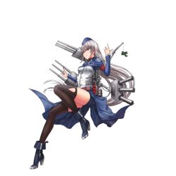 Rule 34 | 1girl, aircraft, airplane, arm up, armband, belt, biplane, black thighhighs, blue coat, blue eyes, blue footwear, blue hat, blue shorts, boots, breasts, buttons, cannon, closed mouth, coat, crane (machine), cross, eyebrows, full body, garrison cap, hat, infukun, iron cross, karlsruhe (warship girls r), long hair, long sleeves, looking at viewer, machinery, official art, shorts, silver hair, smile, solo, thighhighs, torpedo, transparent background, turret, very long hair, warship girls r