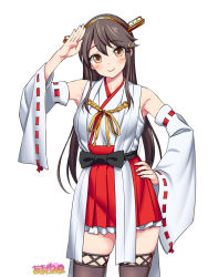 Rule 34 | 1girl, aida takanobu, amagamido, bare shoulders, blush, brown eyes, brown hair, cosplay, detached sleeves, hair ornament, hairband, hairclip, hand on own hip, haru (amagamido), haruna (kancolle), haruna (kancolle) (cosplay), highres, kantai collection, long hair, looking at viewer, meme, nontraditional miko, original, ribbon-trimmed sleeves, ribbon trim, salute, she holds my weakness (meme), sidelocks, skirt, smile, solo, thighhighs, zettai ryouiki