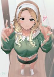 Rule 34 | 1girl, absurdres, black eyes, blonde hair, blurry, blush, breasts, brown hair, crop top, cropped sweater, dark-skinned female, dark skin, depth of field, earrings, foreshortening, from above, gradient hair, green nails, green sweater, hair ribbon, heart, highres, hoop earrings, idolmaster, idolmaster shiny colors, indoors, izumi mei, jewelry, large breasts, light particles, looking at viewer, midriff, multicolored hair, navel, parted bangs, powder is kona, reaching, reaching towards viewer, ribbon, shirt, shorts, signature, smile, socks, solo, sweater, white shirt, white socks, wooden floor