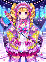 Rule 34 | 1girl, blonde hair, blush, bow, chin strap, choker, detached sleeves, dress, drill hair, floral print, frilled thighhighs, frills, furyou michi ~gang road~, gem, hairband, hammer, hands on own hips, headdress, jewelry, lolita fashion, lolita hairband, long hair, long sleeves, looking at viewer, nardack, original, pendant, petals, polka dot, puffy short sleeves, puffy sleeves, purple eyes, ribbon choker, short sleeves, smile, solo, stairs, standing, sweet lolita, thighhighs, too many, twin drills, twintails, white thighhighs, window