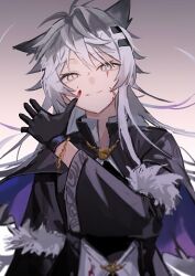 Rule 34 | 1girl, animal ears, arknights, black coat, black gloves, blood, blood on face, coat, gloves, grey eyes, grey hair, hair ornament, hairclip, highres, hishoti cheese, lappland (arknights), lappland (refined horrormare) (arknights), long hair, long sleeves, looking at viewer, official alternate costume, open clothes, scar, scar across eye, shirt, smile, solo, wolf ears, wolf girl