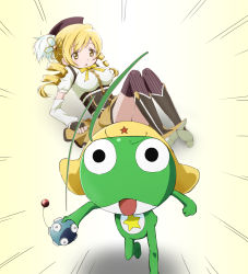 Rule 34 | 10s, 1girl, blonde hair, bomb, crossover, drill hair, explosive, frog, gradient background, hat, keroro, keroro gunsou, kinfuji, long hair, magical girl, mahou shoujo madoka magica, mahou shoujo madoka magica (anime), striped clothes, striped thighhighs, thighhighs, tomoe mami, twin drills, twintails, vertical-striped clothes, vertical-striped thighhighs, yellow eyes
