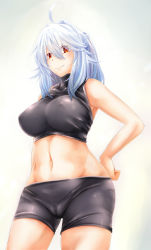 Rule 34 | 1girl, ahoge, bare arms, bare shoulders, bike shorts, breasts, commentary request, covered erect nipples, from below, hand on own hip, highres, hodunomiya mirai, large breasts, long hair, looking down, midriff, navel, original, red eyes, silver hair, smile, solo, sports bra, stomach, strelka belca