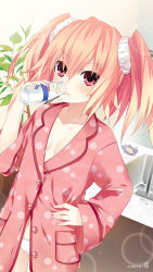 Rule 34 | 1girl, 2017, alyn (fairy fencer f), blonde hair, blush, bottle, breasts, cleavage, drinking, fairy fencer f, hand on own hip, highres, looking at viewer, milk, official art, pajamas, panties, pink eyes, pink hair, pipin (fairy fencer f), short hair, small breasts, solo, tsunako, twintails, underwear, white panties
