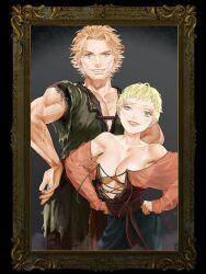 Rule 34 | 1boy, 1girl, bare shoulders, blonde hair, blue eyes, breasts, dress, fata morgana no yakata, gratien (fata morgana no yakata), green eyes, grin, highres, kane mune, large breasts, long sleeves, looking at viewer, maria campanella, muscular, muscular male, official art, picture frame, short hair, sleeveless, smile, upper body