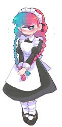 Rule 34 | 1girl, ankie, apron, blush, braid, cyclops, dress, embarrassed, female focus, full body, highres, maid apron, maid headdress, multicolored hair, one-eyed, original, simple background, solo, twin braids, white background