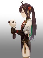 Rule 34 | 1girl, ahoge, black dress, brown hair, chinese clothes, doll, dress, f orestc apital, from side, grey hair, hair between eyes, hair ornament, highres, holding, holding doll, long hair, mechanical arms, pulao: dragontoll (punishing: gray raven), punishing: gray raven, red eyes, sad, short sleeves, side ponytail, solo, stuffed animal, stuffed panda, stuffed toy, thigh strap