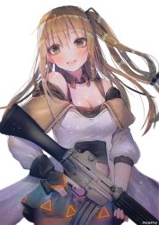 Rule 34 | 1girl, bad id, bad twitter id, bare shoulders, black panties, blush, breasts, brown eyes, brown hair, brown pantyhose, cleavage, collar, collarbone, confetti, fingerless gloves, girls&#039; frontline, gloves, gun, hair ornament, hairclip, hanato (seonoaiko), head tilt, holding, holding gun, holding weapon, k2 (girls&#039; frontline), light particles, long hair, looking at viewer, medium breasts, miniskirt, off shoulder, one side up, open mouth, panties, pantyhose, simple background, skirt, smile, solo, trigger discipline, twitter username, underwear, weapon, white background