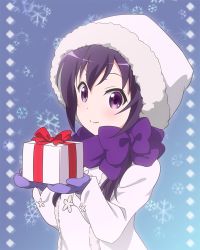 Rule 34 | 1girl, bad id, bad twitter id, blue background, blush, breasts, closed mouth, coat, commentary request, gift, gloves, gochuumon wa usagi desu ka?, holding, holding gift, long hair, looking at viewer, low twintails, purple eyes, purple gloves, purple hair, purple neckwear, red star (toranecomet), scarf, sidelocks, small breasts, smile, snowflake background, snowflakes, solo, tedeza rize, twintails, upper body, white coat, white hood
