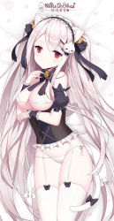 Rule 34 | 1girl, animal ears, bad id, bad pixiv id, bell, black bow, black hairband, blush, bow, bra, breasts, cat ear panties, cat ears, cat tail, cleavage, closed mouth, commentary request, covered erect nipples, frilled hairband, frills, garter straps, hair bell, hair between eyes, hair bow, hair ornament, hairband, hairclip, head tilt, highres, jingle bell, large breasts, long hair, looking at viewer, niliu chahui, original, panties, red eyes, side-tie panties, silver hair, solo, tail, tail bow, tail ornament, thighhighs, tokisaki mio (niliu chahui), two side up, underbust, underwear, very long hair, white bow, white bra, white panties, white thighhighs