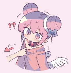 Rule 34 | !?, 1girl, 1other, :&lt;, arrow (symbol), bare shoulders, blue bow, blush, bow, bow choker, closed mouth, clothes pull, commentary request, cropped torso, datenshi-chan (nanawo akari), disembodied hand, double bun, feathered wings, flat chest, grey bow, grey choker, hair bow, hair bun, highres, looking at another, low wings, off-shoulder sweater, off shoulder, original, parody, pink background, pink eyes, pink hair, pink sweater, pulling another&#039;s clothes, richard (richaball), simple background, slit pupils, solo focus, style parody, sweatdrop, sweater, sweater pull, terada tera (style), upper body, white wings, wings