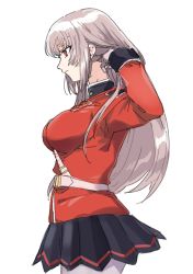 Rule 34 | 1girl, belt, belt buckle, between breasts, black skirt, breasts, buckle, closed mouth, cowboy shot, empty eyes, expressionless, fate/grand order, fate (series), florence nightingale (fate), from side, frown, grey hair, hair between eyes, hair down, hair lift, hand in own hair, hand up, jacket, large breasts, long hair, long sleeves, medu (rubish), miniskirt, no pupils, pantyhose, pink eyes, pleated skirt, red jacket, sidelocks, simple background, skirt, solo, standing, straight hair, strap between breasts, turtleneck, white background, white belt, white pantyhose