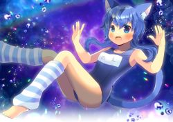 Rule 34 | 1girl, animal ear fluff, animal ears, bare arms, bare shoulders, barefoot, blue eyes, blue hair, blue one-piece swimsuit, blush, breasts, cat ears, cat girl, cat tail, collarbone, commentary request, feet out of frame, hair between eyes, hands up, knee up, kou hiyoyo, leg warmers, lens flare, long hair, multicolored hair, one-piece swimsuit, open mouth, original, school swimsuit, small breasts, solo, streaked hair, striped, sweat, swimsuit, tail, water drop, wavy mouth