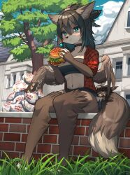 Rule 34 | 1girl, :t, animal ears, black choker, black hair, black shorts, black tube top, blue sky, blush, body fur, borrowed character, brick, building, burger, cheese, choker, commission, day, eating, etivka, feathered wings, female focus, food, fox ears, fox tail, furry, furry female, grass, green eyes, hair between eyes, highres, holding, holding food, lettuce, meat, navel, open clothes, open shirt, original, outdoors, plaid, plaid shirt, shirt, short shorts, shorts, sitting, sky, solo, strapless, tail, tree, tube top, wings