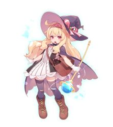 Rule 34 | 1girl, brown footwear, dot nose, dress, female focus, flat chest, game cg, gloves, hat, holding, holding staff, holding weapon, little witch nobeta, long hair, nobeta, non-web source, official art, open mouth, red eyes, shoes, simple background, solo, staff, thighhighs, thighs, transparent background, weapon, white gloves, witch, witch hat, zettai ryouiki