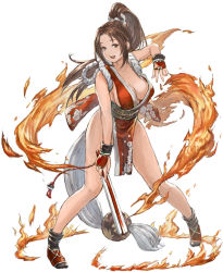 Rule 34 | 1girl, :d, arm guards, arm up, bare arms, bare legs, black legwear, breasts, brown eyes, brown hair, cleavage, collarbone, fighting stance, fire, full body, granblue fantasy (style), hair between eyes, high ponytail, holding, iwauchi tomoki, japanese clothes, kimono, large breasts, leaning forward, legs apart, long hair, looking at viewer, obi, open mouth, red kimono, ribbon, rope, sash, shimenawa, shiranui mai, sidelocks, simple background, sleeveless, sleeveless kimono, smile, solo, standing, tassel, the king of fighters, white background, white ribbon