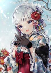 Rule 34 | 1girl, absurdres, alternate costume, ayaka (genshin impact), black gloves, blue kimono, blunt bangs, blush, bow, commentary request, flower, genshin impact, gloves, grey hair, hair flower, hair ornament, highres, japanese clothes, kimono, kimono skirt, long hair, looking at viewer, mayu (sh-n-9), mole, mole under eye, obi, open mouth, own hands together, purple eyes, red bow, red skirt, sash, skirt, smile, solo, wide sleeves, yukata