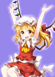 Rule 34 | 1girl, :d, arms up, ascot, blonde hair, flandre scarlet, frilled shirt collar, frills, hair between eyes, hat, highres, long hair, looking at viewer, mob cap, open mouth, puffy short sleeves, puffy sleeves, purple background, red eyes, red skirt, red vest, round teeth, ruu (tksymkw), shirt, short sleeves, side ponytail, simple background, skirt, skirt set, smile, solo, teeth, touhou, vest, white shirt, yellow ascot