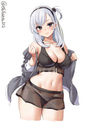 Rule 34 | 1girl, ahoge, bare shoulders, bikini, black bikini, black hairband, blush, breasts, cleavage, collarbone, cowboy shot, cropped legs, ebifurya, front-tie top, grey eyes, grey jacket, hair between eyes, hairband, hands up, highres, holding, jacket, kantai collection, long hair, medium breasts, navel, off shoulder, official alternate costume, one side up, see-through, smile, solo, stomach, suzutsuki (kancolle), swimsuit, thighs, twitter username, white background, white hair