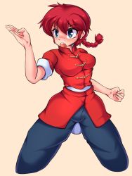 Rule 34 | 1girl, average-hanzo, blue eyes, blue pants, braid, braided ponytail, breasts, chinese clothes, genderswap, genderswap (mtf), green eyes, long hair, medium breasts, open mouth, pants, pink background, ranma-chan, ranma 1/2, red hair, saotome ranma, short hair, simple background, single braid, sleeves rolled up, solo, tangzhuang, upper body