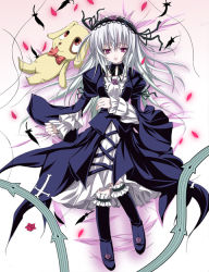 Rule 34 | 00s, 1girl, bed sheet, boots, cross, detached collar, dress, feathers, flower, frilled sleeves, frills, from above, full body, gothic lolita, hairband, inverted cross, kunkun, latin cross, lolita fashion, lolita hairband, long hair, long sleeves, looking at viewer, lying, parted lips, petals, red eyes, rose, rozen maiden, sen (astronomy), silver hair, solo, suigintou