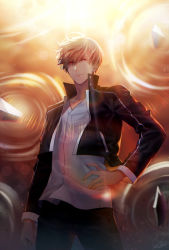 Rule 34 | 1girl, bad id, bad pixiv id, black jacket, black pants, blonde hair, cowboy shot, dress shirt, fate/stay night, fate (series), gate of babylon (fate), gilgamesh (fate), hair between eyes, hand on own hip, jacket, lens flare, looking at viewer, male focus, official alternate costume, open clothes, open jacket, pants, red eyes, shirt, signature, solo, standing, white shirt