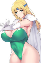 Rule 34 | 1girl, armor, blonde hair, blue eyes, blue headband, breasts, cape, celes chere, cleavage, covered navel, elbow gloves, final fantasy, final fantasy vi, gloves, green leotard, headband, highleg, highleg leotard, large breasts, leotard, long hair, looking at viewer, nagase haruhito, shoulder armor, simple background, solo, strapless, strapless leotard, thighs, white background, white gloves, wide hips