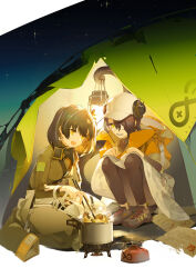 Rule 34 | 2girls, :d, arknights, asbestos (arknights), black hair, black pants, brown hair, brown sweater, chinese commentary, chopsticks, commentary request, cooking, cooking pot, earmuffs, earrings, eyepatch, fingernails, flat cap, food, green eyes, grey footwear, hat, highres, holding, holding chopsticks, holding lantern, holding with tail, infection monitor (arknights), jacket, jewelry, lantern, long sleeves, magallan (arknights), magallan (elite ii) (arknights), mask, mask around neck, multicolored hair, multiple girls, open mouth, pants, paper, prehensile tail, rhine lab logo, sharp teeth, short hair, shuaigegentou, single earring, sky, smile, star (sky), starry sky, streaked hair, sweater, tail, teeth, tent, white hair, white headwear, yellow eyes, yellow jacket