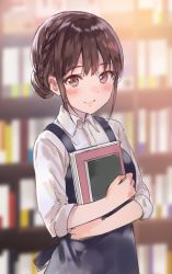 Rule 34 | 1girl, apron, black hair, blouse, blurry, blush, book, braid, brown eyes, closed mouth, commentary request, employee uniform, eyebrows, fukahire (ruinon), holding, holding book, long sleeves, looking at viewer, mayonaka no hon&#039;ya sensou, original, shirt, sleeves rolled up, smile, solo, suspenders, uniform, upper body, white shirt