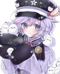 Rule 34 | 1boy, amimia zaxtuta, androgynous, animal, animal on shoulder, bird, bird on shoulder, black hat, black mittens, blue eyes, blush, closed mouth, epel felmier, hat, highres, long sleeves, looking at viewer, male focus, mittens, purple hair, purple sweater, short hair, smile, solo, sweater, twisted wonderland, white background