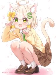 Rule 34 | 1boy, absurdres, ahoge, animal ear fluff, animal ears, artist name, blonde hair, blush, bow, brown footwear, brown skirt, cardigan, cat ears, cherry blossoms, commentary request, convenient leg, falling petals, fish hair ornament, full body, green eyes, green necktie, hair bow, hair ornament, hazakura hinata, heterochromia, highres, huge ahoge, kaya (hazakura hinata), loafers, long sleeves, looking at viewer, male focus, necktie, nyan, open mouth, original, paw pose, petals, pleated skirt, school uniform, shoes, short hair, simple background, skirt, smile, socks, solo, squatting, tail raised, tareme, trap, variant set, white background, white socks, yellow bow, yellow cardigan, yellow eyes