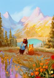 Rule 34 | 2others, all fours, animal ears, backpack, bag, blue sky, brush stroke, commentary, day, dog, dog ears, dog tail, english commentary, field, flower, flower field, from behind, grass, highres, horizon, lake, landscape, map, maxine vee, mountain, mountainous horizon, multiple others, on ground, original, outdoors, petals, road, scarf, scenery, sky, sunflower, sunflower field, tail, tree, water, yellow flower, yellow scarf