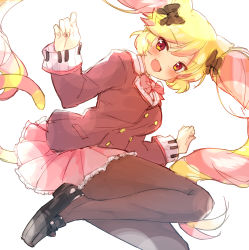 Rule 34 | 1girl, :d, animal ears, black bow, black footwear, blazer, blonde hair, blush, bow, breasts, brown jacket, brown pantyhose, cat ears, cat girl, cat tail, fang, frilled skirt, frills, hair bow, highres, jacket, loafers, long hair, long sleeves, looking at viewer, mashima himeko (show by rock!!), medium breasts, multicolored hair, nyama, open mouth, pantyhose, pink bow, pink hair, pink skirt, pleated skirt, red eyes, school uniform, shoes, show by rock!!, simple background, skirt, smile, solo, striped tail, tail, twintails, two-tone hair, v-shaped eyebrows, very long hair, white background