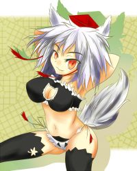 Rule 34 | 1girl, :3, adapted costume, animal ears, armpits, arms behind back, arms up, bare shoulders, black thighhighs, breasts, cat cutout, cat lingerie, cleavage, cleavage cutout, clothing cutout, fang, hat, highres, inubashiri momiji, large breasts, looking at viewer, meme attire, midriff, navel, panties, red eyes, short hair, silver hair, solo, tail, thighhighs, tokin hat, touhou, underwear, wolf ears, wolf tail