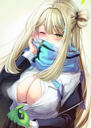 Rule 34 | 1girl, absurdres, black jacket, blue archive, blue necktie, blue scarf, blush, breasts, cosplay, cross hair ornament, gloves, green eyes, green gloves, hair ornament, highres, jacket, large breasts, light brown hair, long hair, long sleeves, looking at viewer, necktie, nonomi (blue archive), one eye closed, open mouth, painter j, partially unbuttoned, scarf, shiroko (blue archive), shiroko (blue archive) (cosplay), shirt, single glove, smile, solo, upper body, white shirt