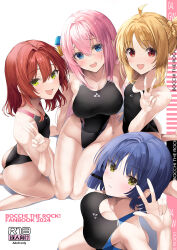 Rule 34 | 4girls, ahoge, bare arms, bare shoulders, black one-piece swimsuit, blonde hair, blue eyes, blue hair, blush, bocchi the rock!, breasts, closed mouth, commentary request, competition swimsuit, content rating, cover, cover page, expressionless, gotoh hitori, green eyes, hair between eyes, hair intakes, hand up, highleg, highleg swimsuit, highres, ijichi nijika, inuzumi masaki, kita ikuyo, large breasts, long hair, medium hair, mole, mole under eye, multiple girls, one-piece swimsuit, open mouth, pink hair, red eyes, red hair, seiza, short hair, side ponytail, sitting, small breasts, smile, swimsuit, v, w, yamada ryo, yellow eyes