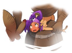 Rule 34 | 1girl, 2boys, bandana, barrel, bent over, blue eyes, blush, breast press, breasts, crying, dark skin, gang rape, group sex, holding another&#039;s wrist, imminent fellatio, lying, multiple boys, nude, on stomach, open mouth, penis, pinned, pointy ears, polyle, ponytail, purple hair, rape, restrained, shantae, shantae (series), sweat, tears, uncensored