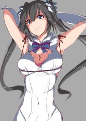 Rule 34 | &gt;:), 10s, 1girl, absurdres, armpits, arms behind head, arms up, black hair, blue bow, blue bowtie, blue eyes, blue ribbon, blush, bow, bowtie, breasts, cleavage, cleavage cutout, clothing cutout, covered navel, dress, dungeon ni deai wo motomeru no wa machigatteiru darou ka, gloves, hair ribbon, hestia (danmachi), highres, kameponde, large breasts, long hair, looking at viewer, rei no himo, ribbon, short dress, sleeveless, sleeveless dress, smile, solo, twintails, upper body, v-shaped eyebrows, white dress, white gloves