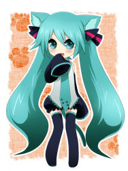 Rule 34 | 1girl, animal ears, aqua eyes, aqua hair, aten, cat ears, cat tail, detached sleeves, eten (faddish), hatsune miku, long hair, necktie, sleeves past wrists, solo, tail, thighhighs, twintails, very long hair, vocaloid