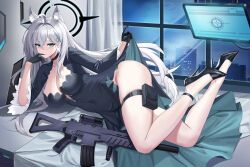Rule 34 | 1girl, ahoge, animal ear fluff, animal ears, aqua eyes, black dress, black footwear, black gloves, blue archive, breasts, bright pupils, cleavage, covered navel, cross hair ornament, dress, full body, gloves, grey hair, gun, hair between eyes, hair ornament, halo, high heels, highres, large breasts, lifted by self, long dress, long hair, long sleeves, looking at viewer, lying, mismatched pupils, on side, otakueden1995, parted lips, shiroko (blue archive), shiroko terror (blue archive), thighs, weapon, white pupils, wolf ears