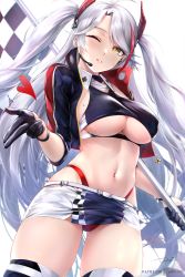 Rule 34 | 1girl, azur lane, belt, black jacket, blowing kiss, blush, breasts, checkered flag, clothing cutout, cropped jacket, earpiece, flag, gloves, half gloves, holding, holding flag, jacket, large breasts, long hair, looking at viewer, multicolored hair, official alternate costume, one eye closed, open clothes, open jacket, orange eyes, panties, panty straps, parted lips, prinz eugen (azur lane), prinz eugen (final lap) (azur lane), race queen, red panties, rei kun, silver hair, smile, solo, streaked hair, thighhighs, thighs, two-tone skirt, two side up, underboob, underboob cutout, underwear, white belt