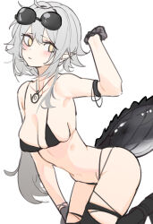 Rule 34 | 1girl, arknights, arm up, bikini, black bikini, black gloves, black thighhighs, blush, breasts, cleavage, cowboy shot, crocodilian tail, eyewear on head, gloves, grey hair, hjl (15623862639), looking at viewer, medium breasts, pointy ears, short hair, simple background, solo, sunglasses, swimsuit, tail, thighhighs, tomimi (arknights), torn, white background