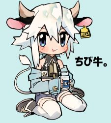 Rule 34 | 1boy, animal ears, animal print, blue background, blue eyes, bottle, brown footwear, chibi, cow boy, cow ears, cow horns, cow print, cow tail, crop top, ear tag, enotou (enotou moi), horns, licking lips, male focus, milk bottle, original, shorts, sidelocks, simple background, sitting, smile, solo, tag, tail, thighhighs, tongue, tongue out, ushi-kun (enotou (enotou moi)), wariza, white hair, white thighhighs